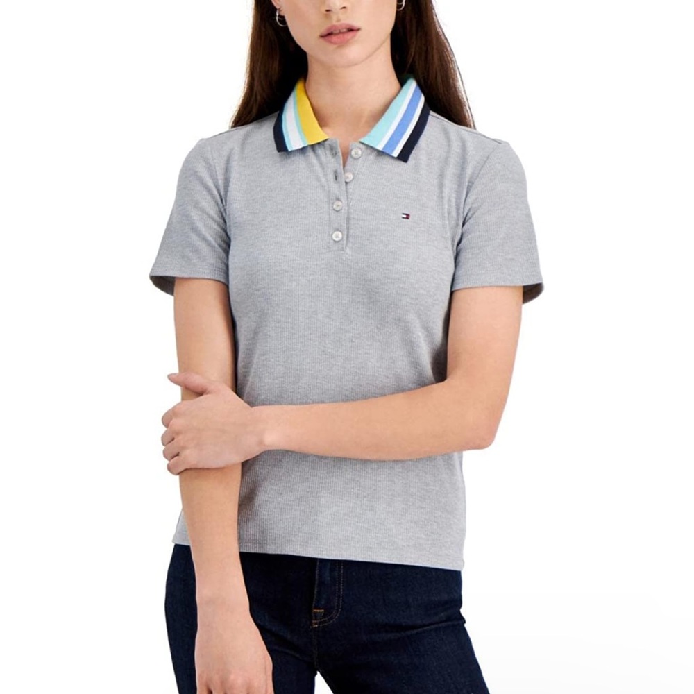 Tommy Hilfiger rainbow collar gray ribbed polo T-shirts M